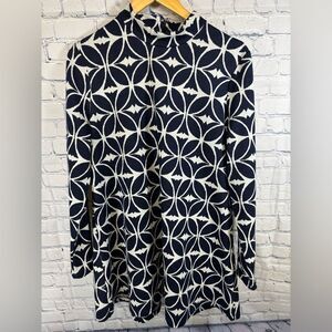 Tyler Boe Navy White Geo Print Quilted Patent Sleeve Patch Nautical Dress L